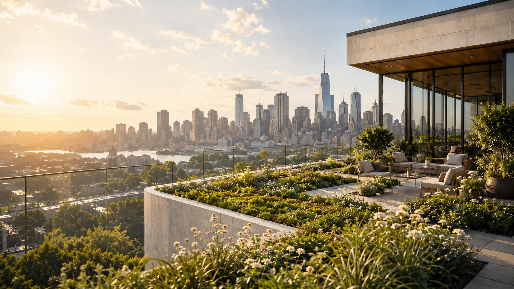 Intensive rooftop planting deck maintained as premium living infrastructure.